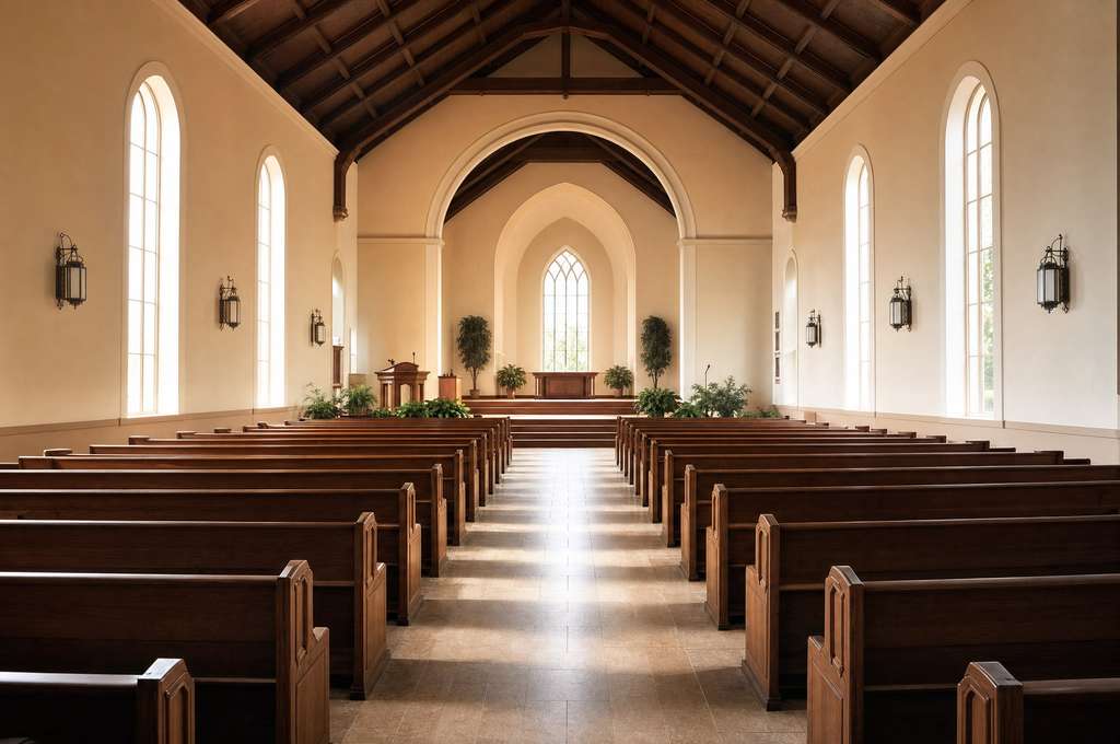 Church sanctuary with dusted pews and vacuumed aisle carpet, set for a service