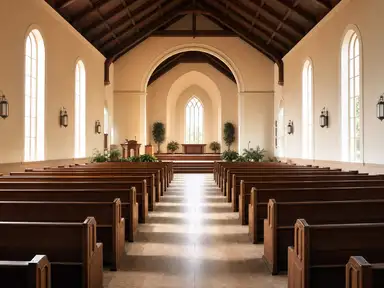 Church sanctuary with rows of wooden pews