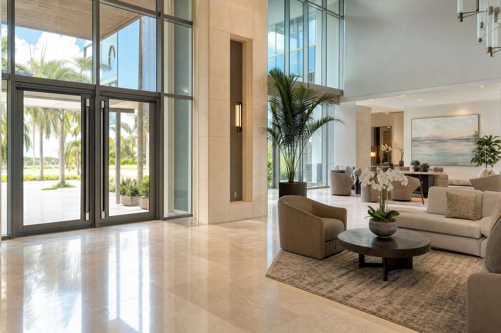 Condominium lobby and amenity space with cleaned glass, seating and stone flooring