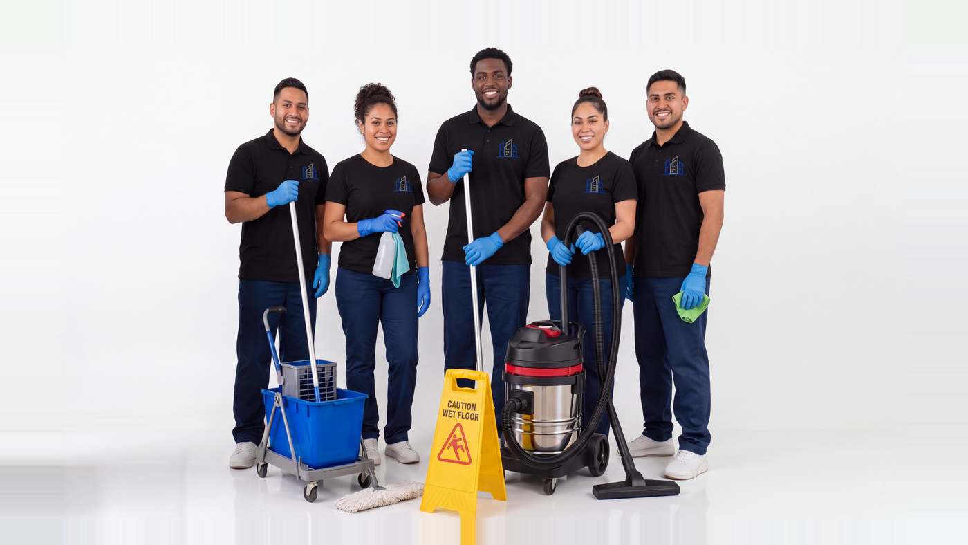 Equipo uniformado de limpieza comercial de cinco personas con cubo de fregona, señal de piso mojado y aspiradora industrial