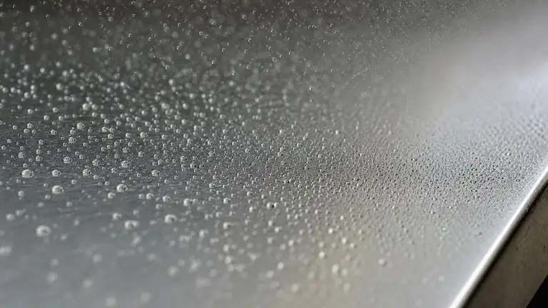 Fine disinfectant mist settling as droplets across a clean stainless steel surface