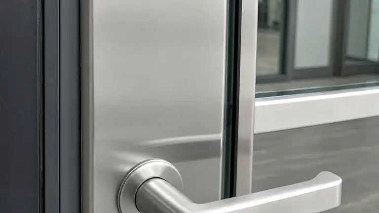 Polished streak-free stainless push plate and lever on a commercial door