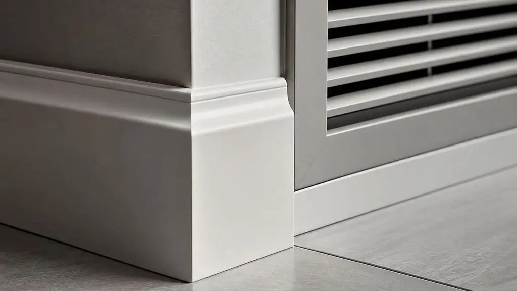 Skirting and air return vent detail in a commercial corridor, dust removed from the grille