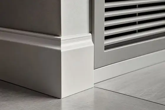 Skirting and air return vent detail in a commercial corridor, dust removed from the grille