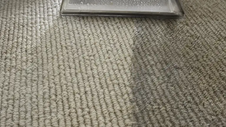 Hot water extraction lifting a clean band across soiled commercial loop carpet tile