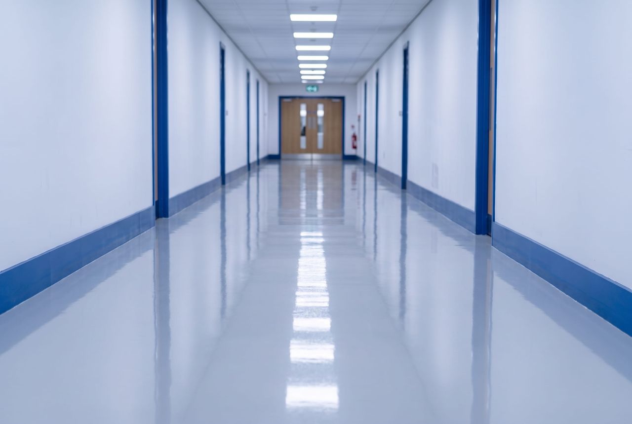 Commercial corridor after a scrubber pass, the vinyl floor mirror-bright from wall to wall