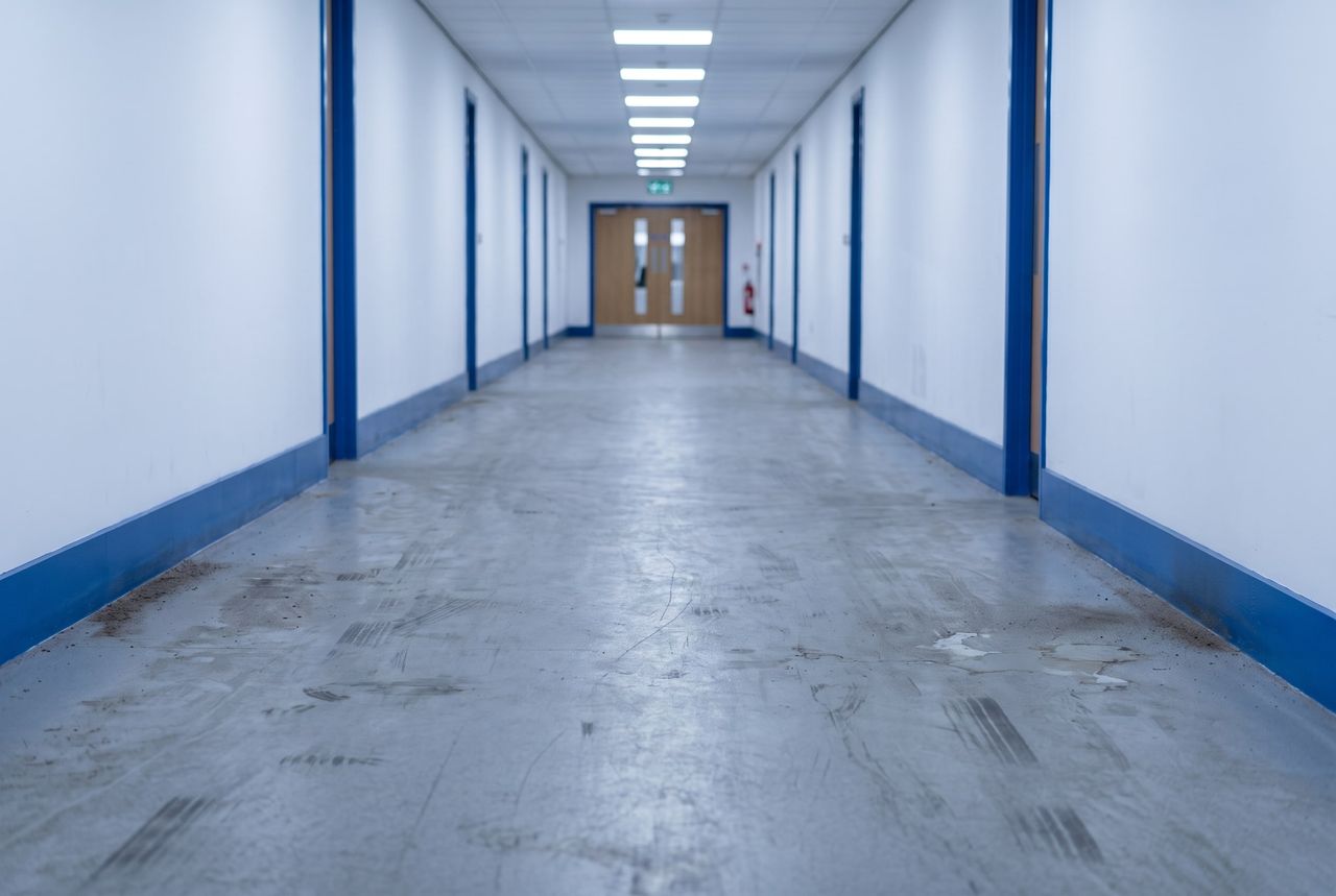 Commercial corridor floor before a scrubber pass, gray and hazed with black heel marks along the base