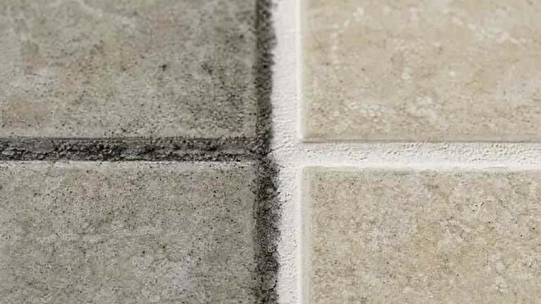 Tile floor with grout lines half restored, grimy gray beside clean pale grout
