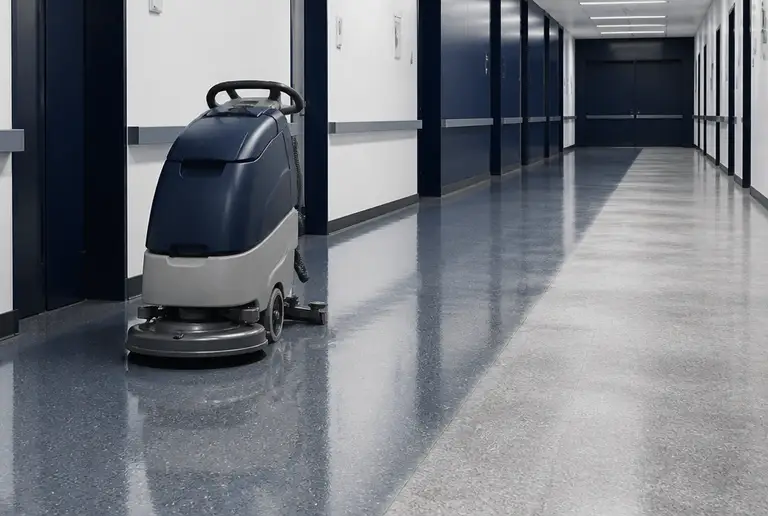 Walk-behind floor scrubber leaving a gleaming wet trail down a commercial corridor