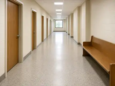 Empty public corridor in a county administrative building with a terrazzo floor and a wooden bench