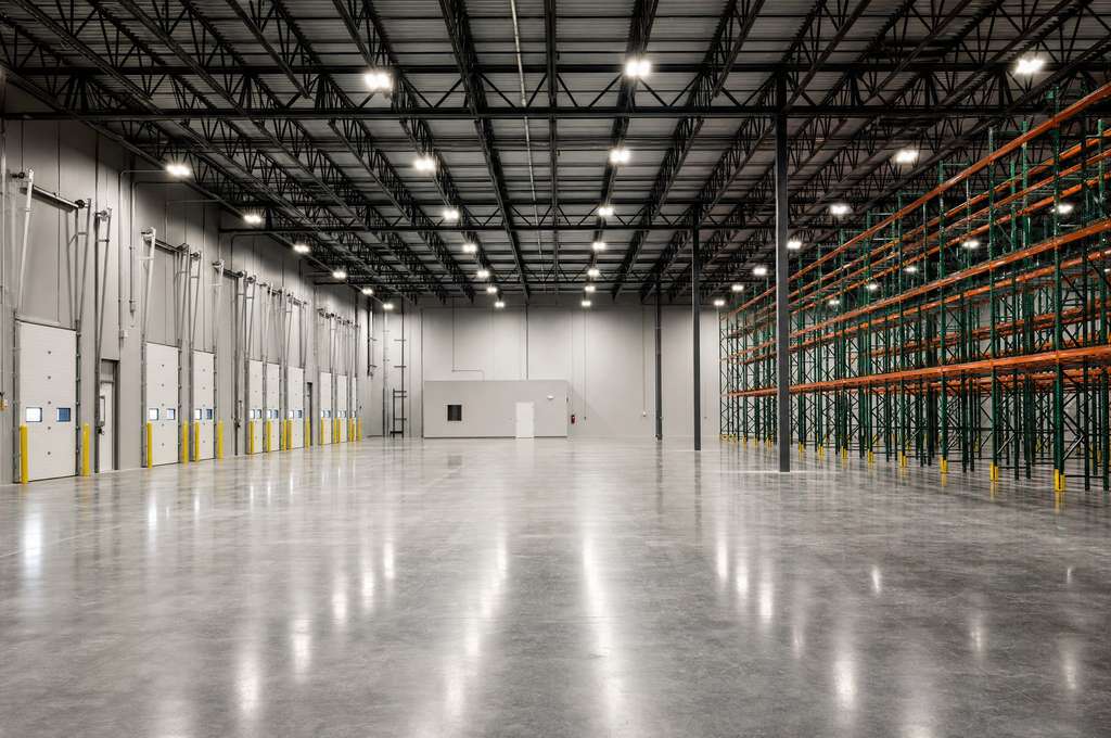 Warehouse racking aisle with swept concrete floor and clear marked walkways
