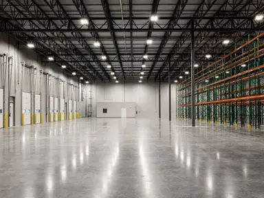 Warehouse aisle between loaded pallet racking