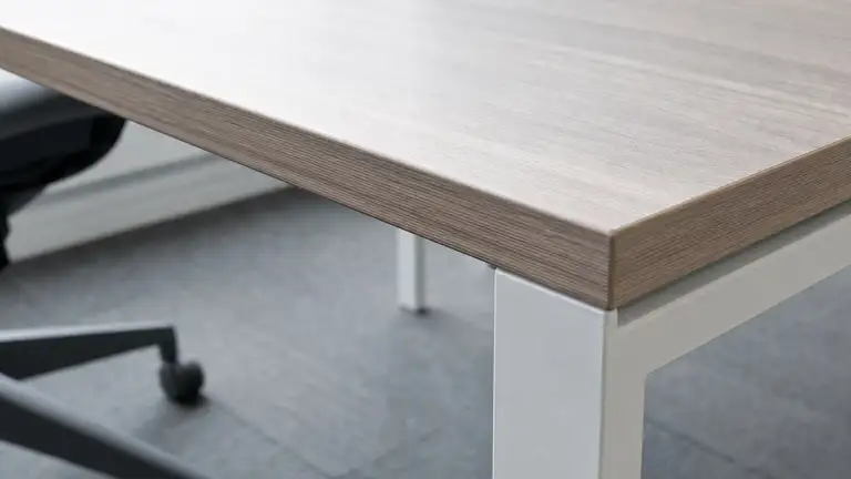 Wiped and cleared open-plan office desk edge above gray carpet tile