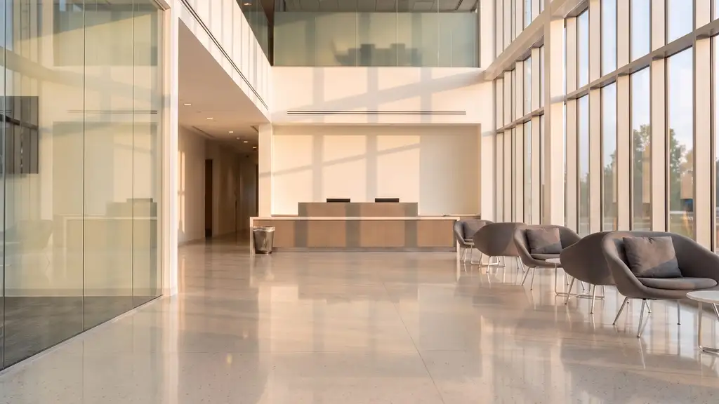 Double-height office lobby in early light, terrazzo floor polished and the seating areas reset