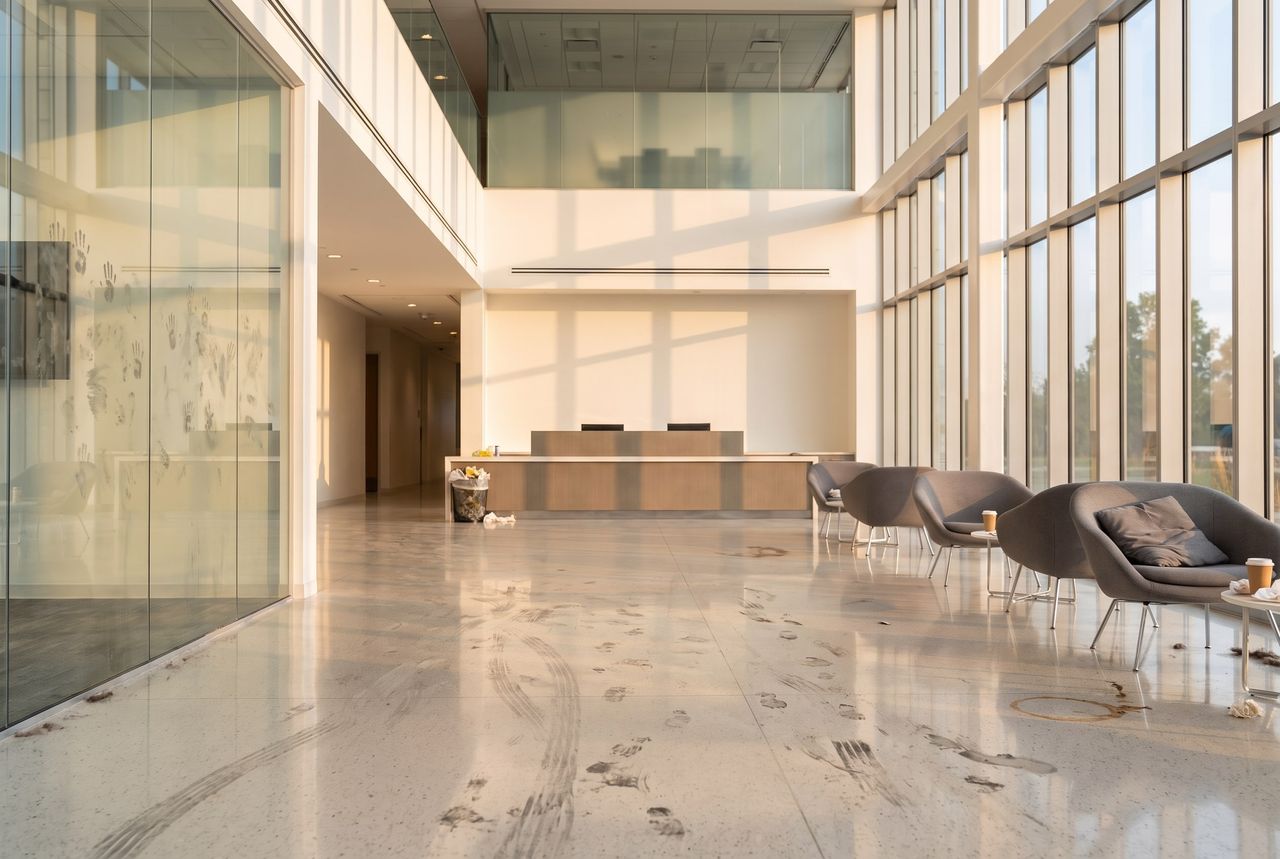 Office lobby at the end of a working day, terrazzo dulled by traffic and litter left on the tables