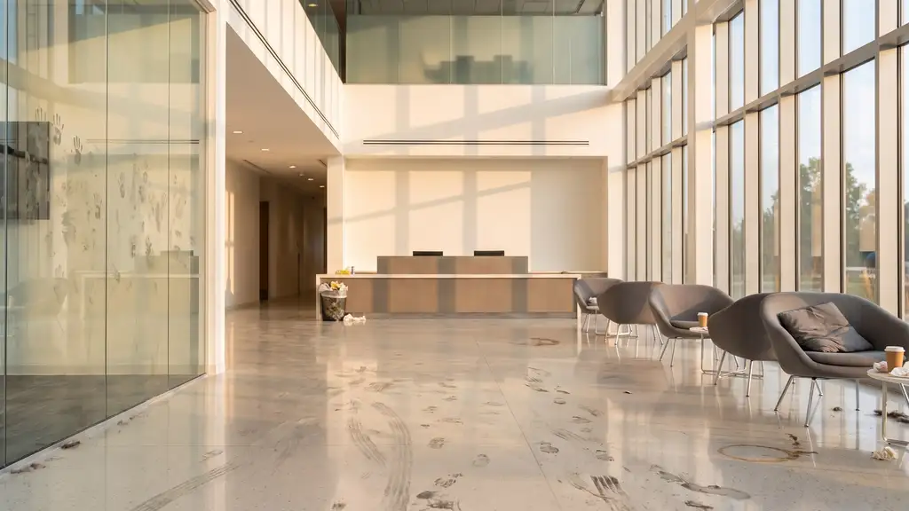 Commercial lobby showing accumulated traffic soil and dulled floor before a service reset