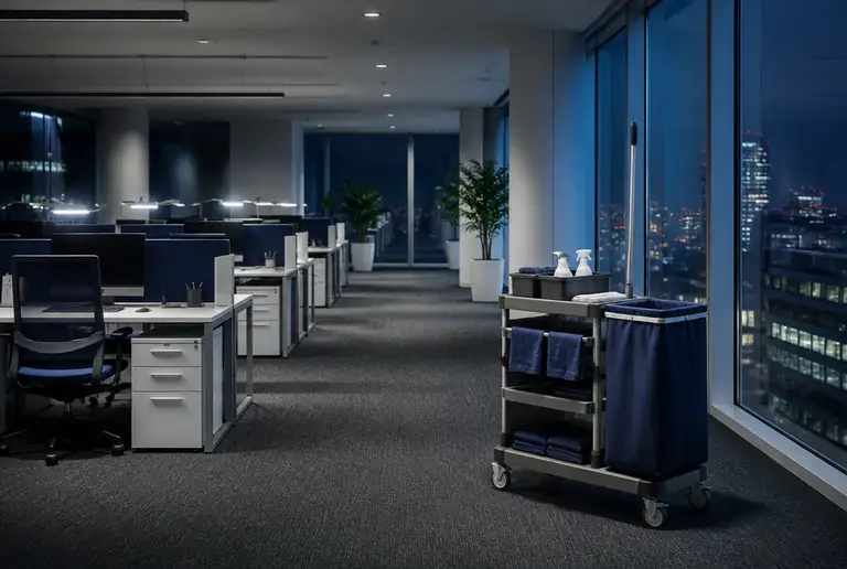 Janitorial cart with navy microfiber supplies in a night-lit open-plan office