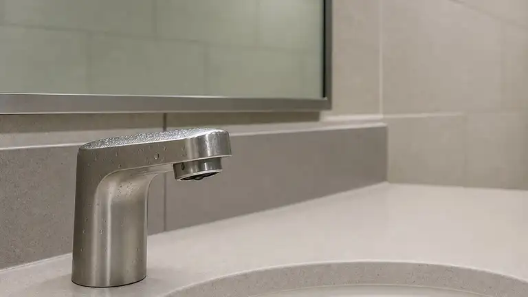Chrome sensor faucet and spotless counter in a commercial restroom
