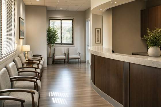 Dental practice waiting room with wiped seating, clear glass and a mopped hard floor