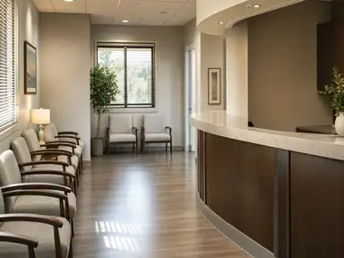 Dental practice waiting room with upholstered seating and a reception counter