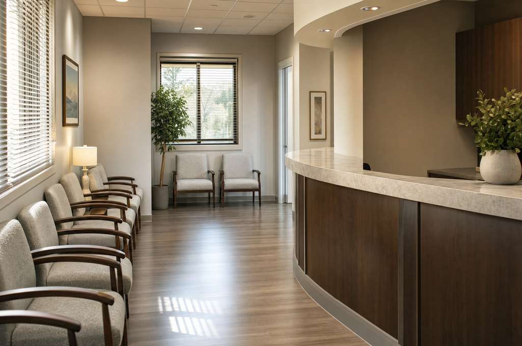 Dental practice waiting room with wiped seating, clear glass and a mopped hard floor