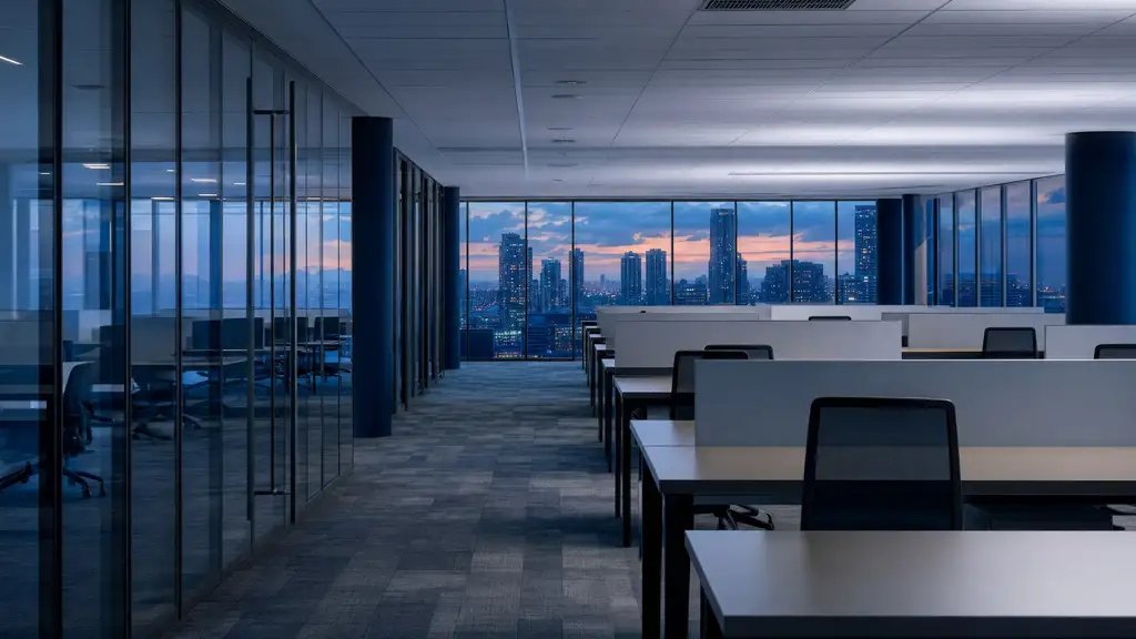 Open-plan office carpet after hours, traffic lanes visible between desk banks