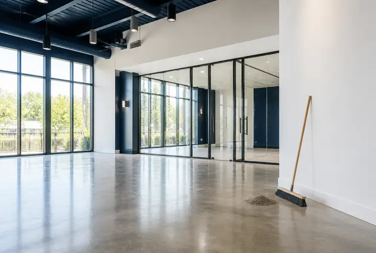 Newly finished commercial interior after a final construction clean, polished concrete floor