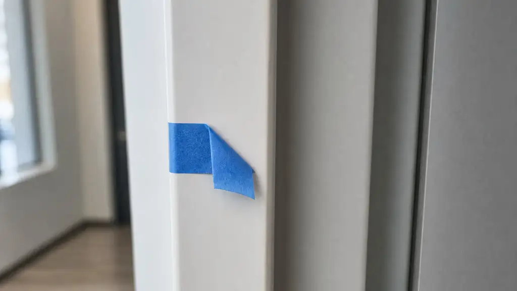 Punch-list tape flag marking an unfinished detail on a newly built commercial interior