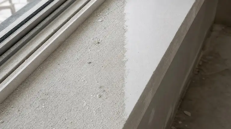 Drywall dust on an unfinished windowsill, half wiped back to clean