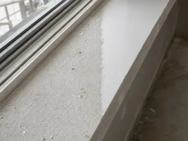 Drywall dust on an unfinished windowsill, half wiped back to clean