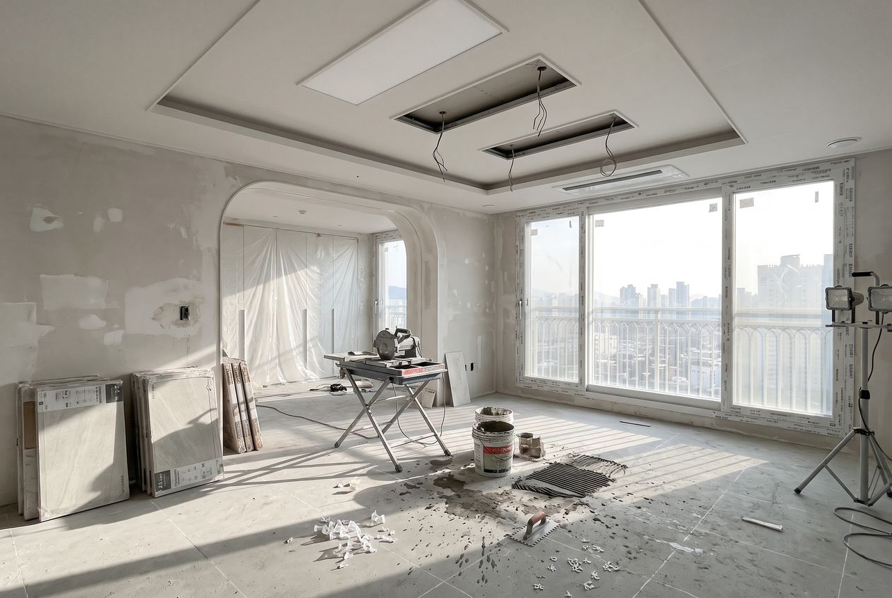 Bare cement subfloor, tile saw and stacked tile boxes in an unfinished apartment interior before any cleaning