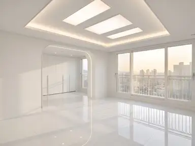Empty apartment interior at handover, mirror-gloss tile reflecting the window wall and ceiling lights