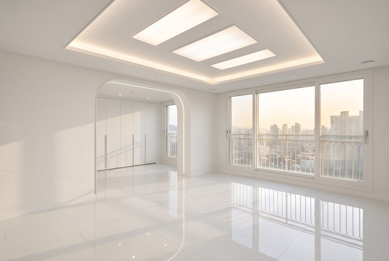 Empty apartment interior at handover, mirror-gloss tile reflecting the window wall and ceiling lights