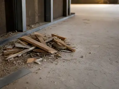 Construction debris swept into a pile on a bare concrete subfloor before rough clean