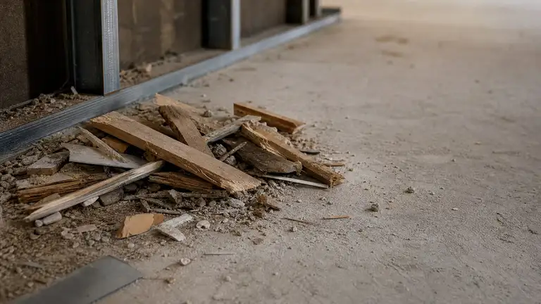 Construction debris swept into a pile on a bare concrete subfloor before rough clean