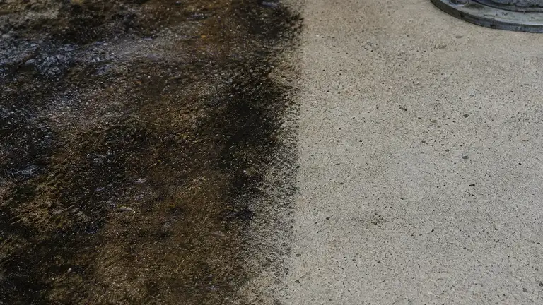 Concrete dumpster pad with grease staining half degreased beside a steel bollard