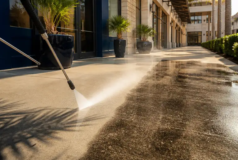 Pressure washer cutting a clean line across a concrete walkway at a retail plaza