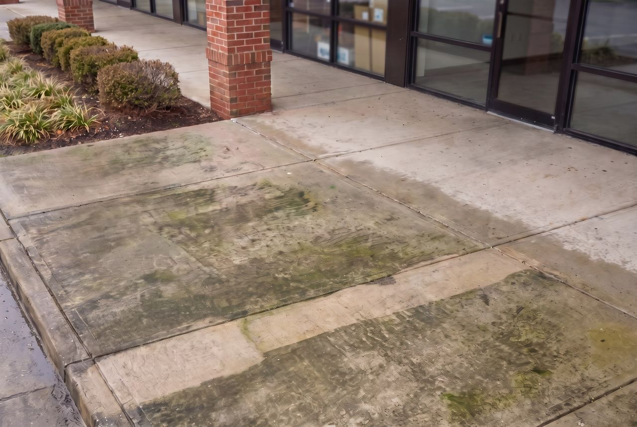 Retail plaza walkway coated in algae and traffic grime, dirt packed into every control joint