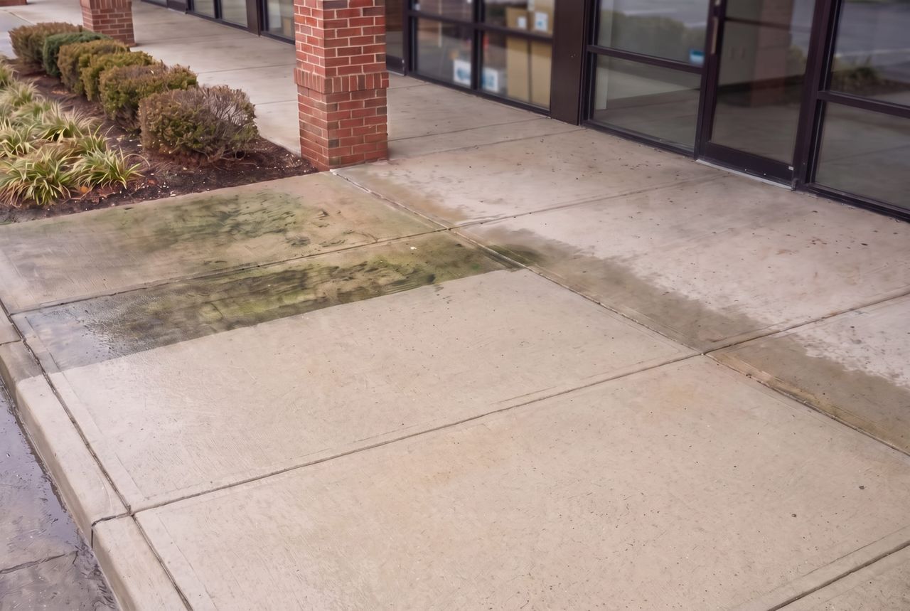 Retail plaza walkway part-washed, clean pale concrete against a band of algae still to cut