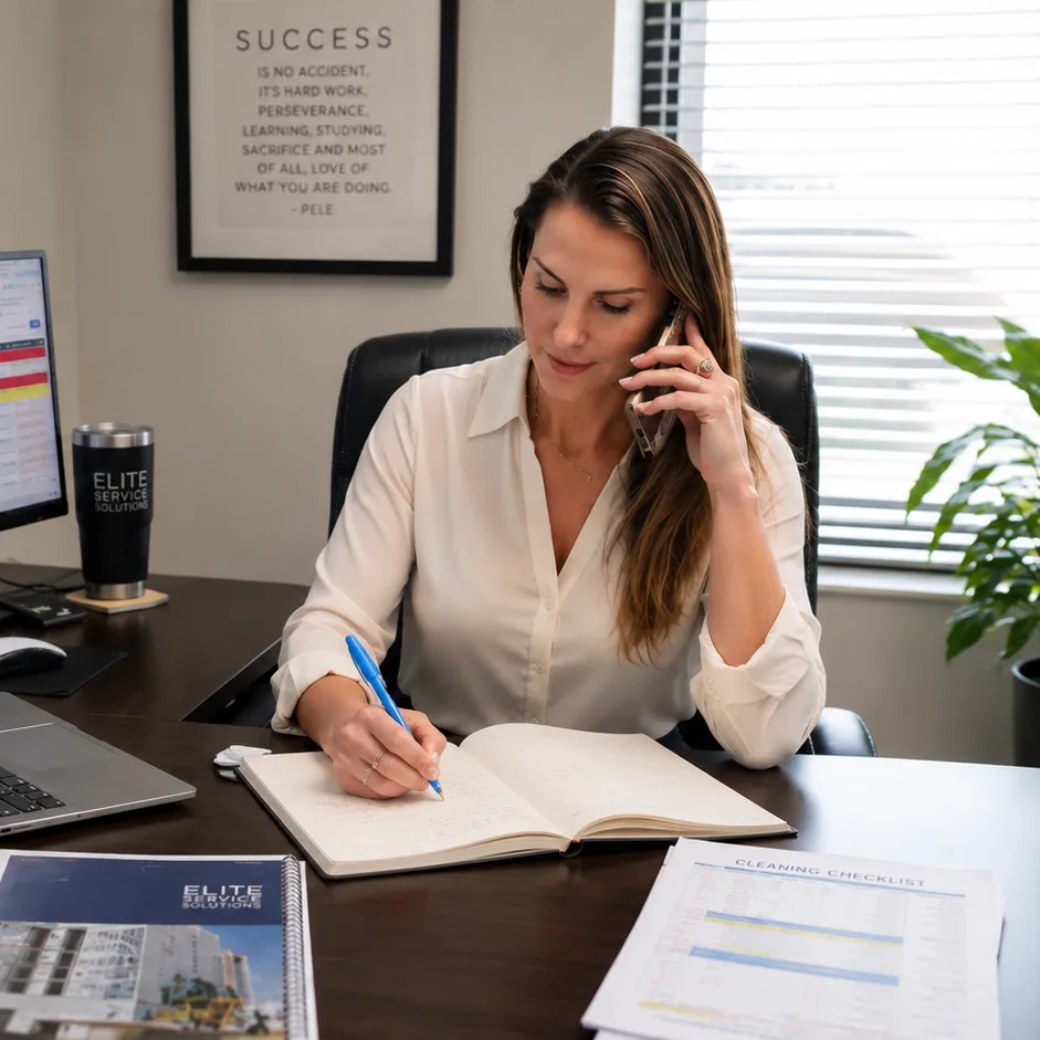 Taking notes in a notebook during a commercial cleaning enquiry call, beside a printed Elite Service Solutions proposal