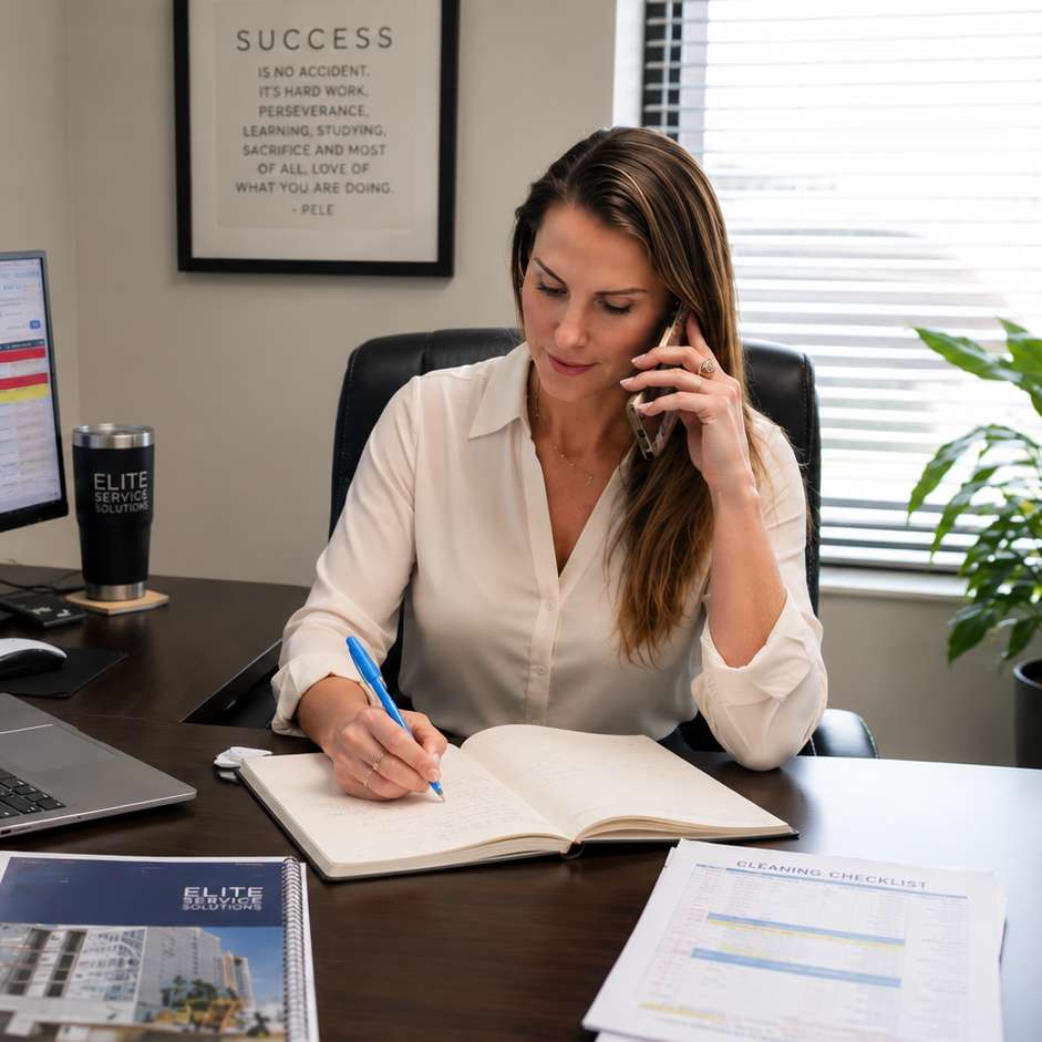 Taking notes in a notebook during a commercial cleaning enquiry call, beside a printed Elite Service Solutions proposal