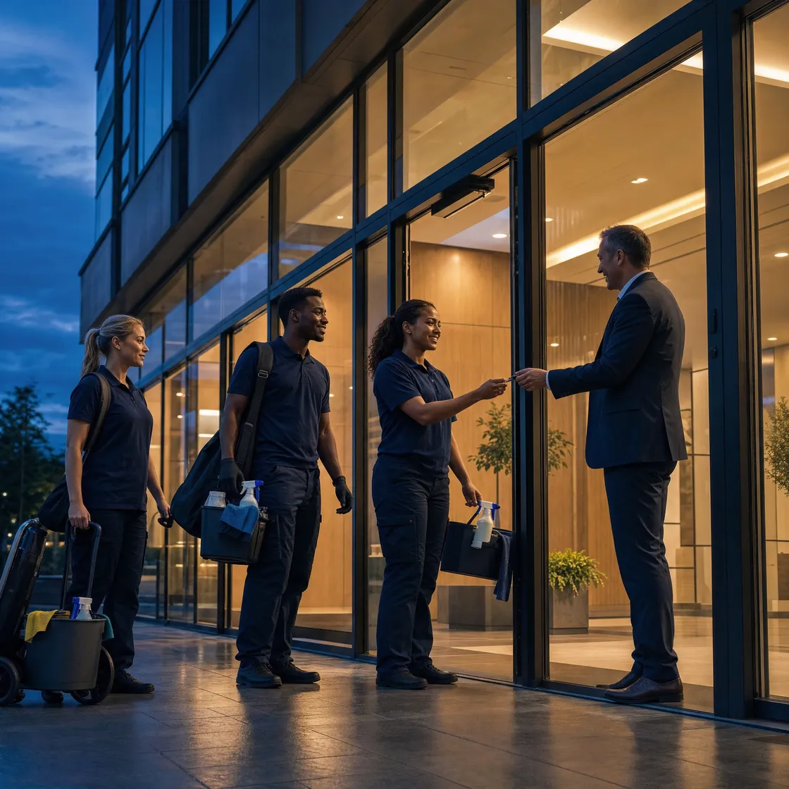 Uniformed night crew receiving keys at the glass entrance of an office building at dusk