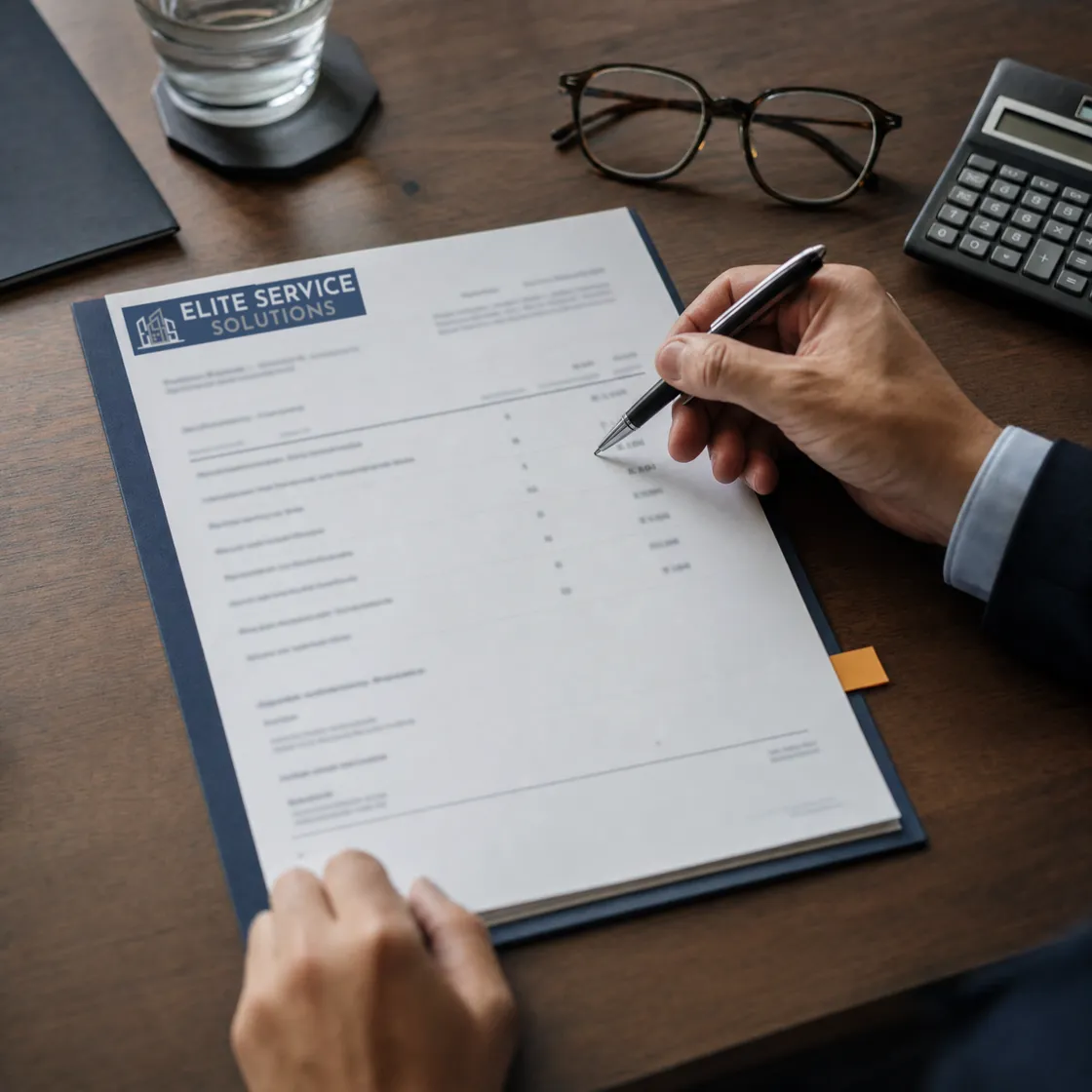 Pen pointing at a line item on a printed Elite Service Solutions cleaning proposal on a conference table