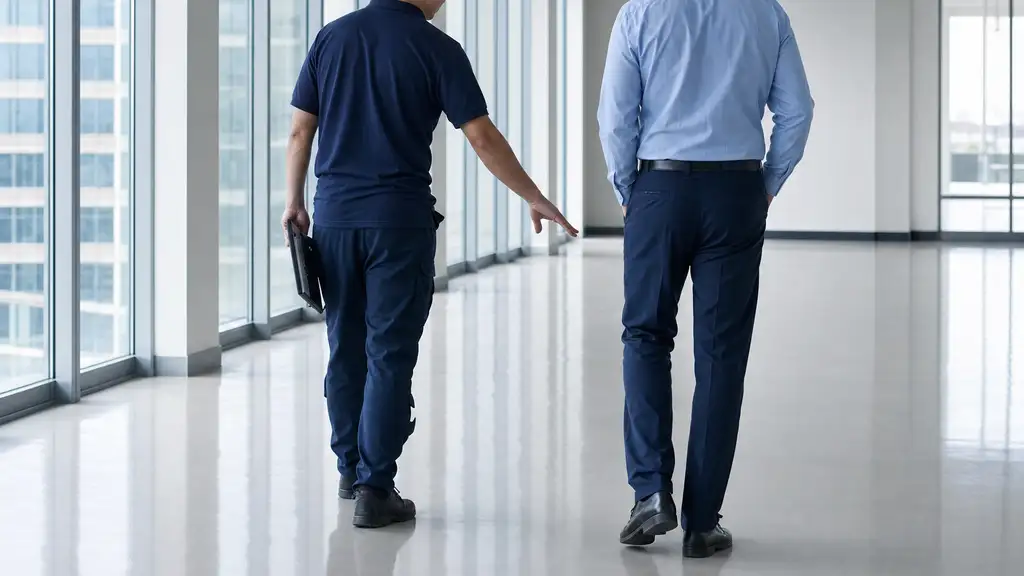 Crew lead pointing out a detail to a building manager on a walk through an empty office floor