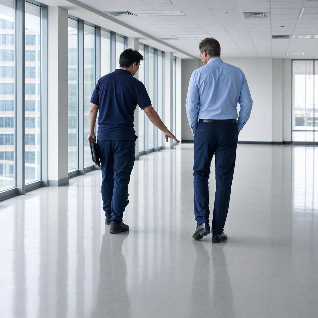 Crew lead with a clipboard walking an empty open-plan office floor alongside a building manager