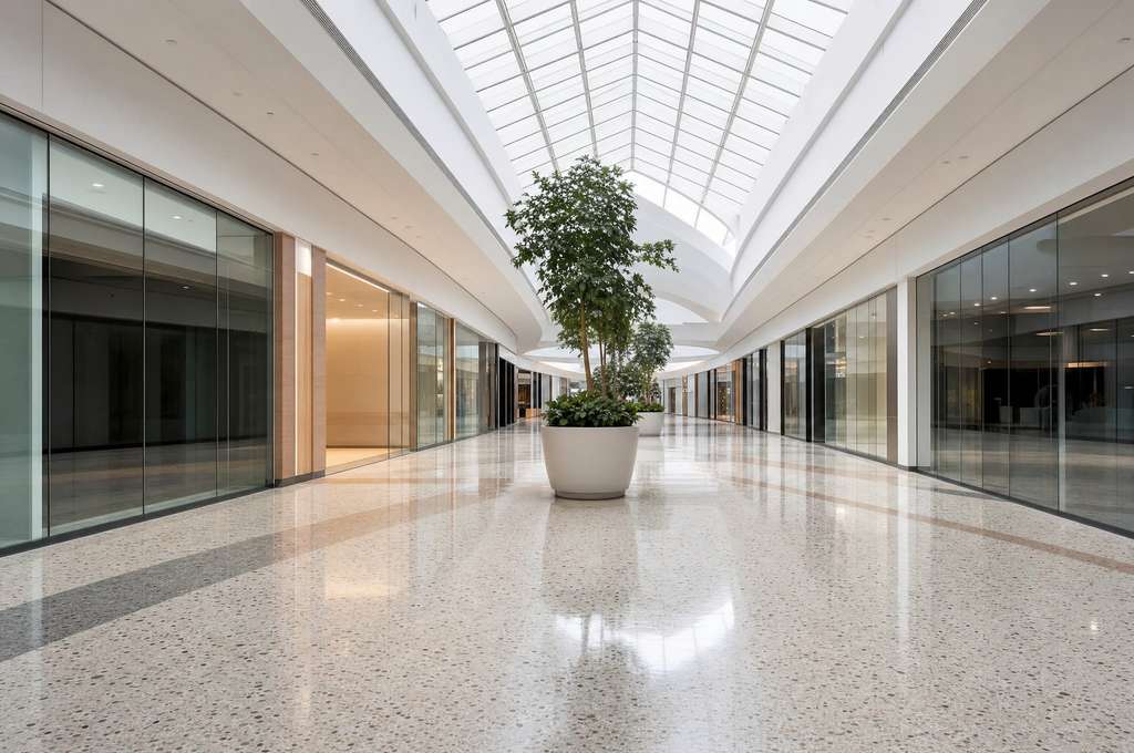 Retail center common area with polished floor, clean glazing and emptied waste stations