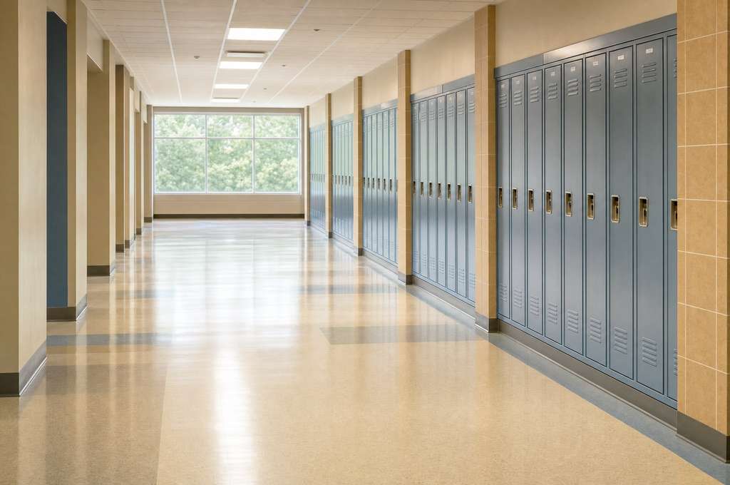 School corridor lined with lockers, floor scrubbed and touch points disinfected