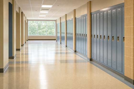 School corridor lined with lockers, floor scrubbed and touch points disinfected