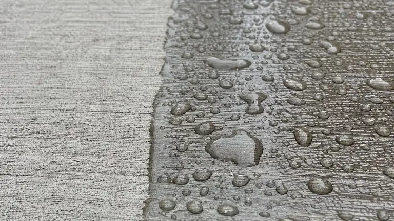 Water beading on a freshly sealed wet-look section of broom-finished concrete