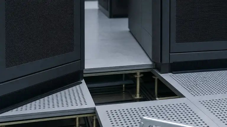 Raised floor tiles lifted in a data center cold aisle, pedestals and cabinet plinths clear